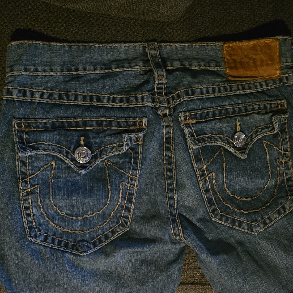 True Religion Blue Denim Wide-Leg Jeans with Embroidered Pockets